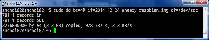 참고 : 리눅스에서 Raspbian 이미지생성 95 mount 해제 dd 명령사용하기전 mount 해제 $ sudo umount /mnt Raspbian 이미지파일 (img) SD 카드에복사 $ sudo dd bs=4m if=2014-12-24-wheezy-raspbian.