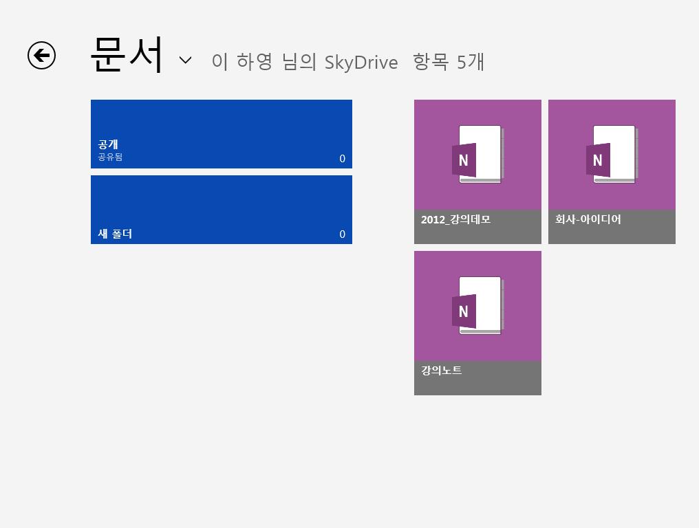 <3> 내 PC 의 OneNote 2013 과클라우드환경인 SkyDrive 에서새롭게만든 [ 회사 - 아이디어 ] 전자필기장을확인할수있다.