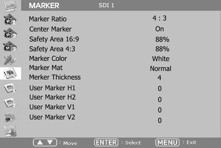 4-6. MARKER Marker Ratio: Marker 의종류를설정합니다. 4:3, 4:3 ON AIR, 16:9, 15:9, 14:9, 13:9, 1.85:1, 2.35:1, User1, User2, User3, OFF 등의모드가있습니다. Center Marker: 화면의중앙표시 (+) 를 ON/OFF 설정합니다.