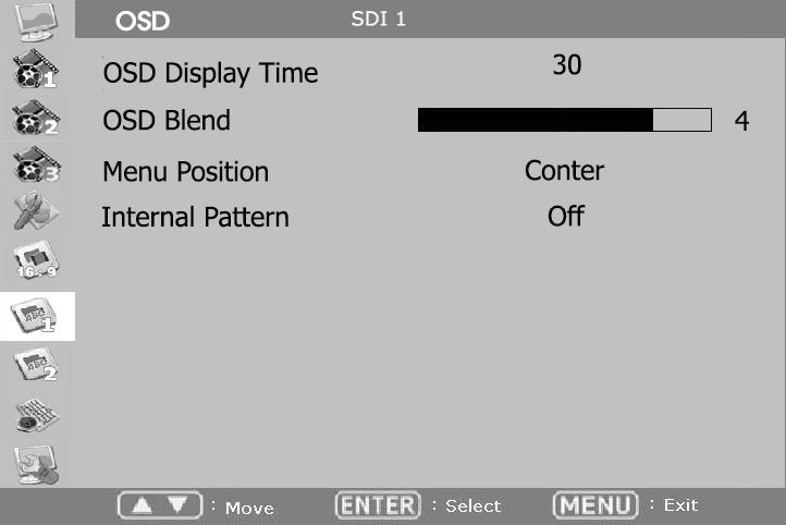 4-7. OSD 1 OSD Display Time 화면에표시하는 MENU 및정보의표시시간 (sec) 을설정합니다. 0(Continue) ~ 60 초까지설정가능합니다. OSD Blend 화면에표시하는 MENU 및표시창의투명도를 0 ~ 5 단계로설정합니다. 0 은완전불투명을의미하며, 숫자의크기가클수록더욱더투명해집니다.