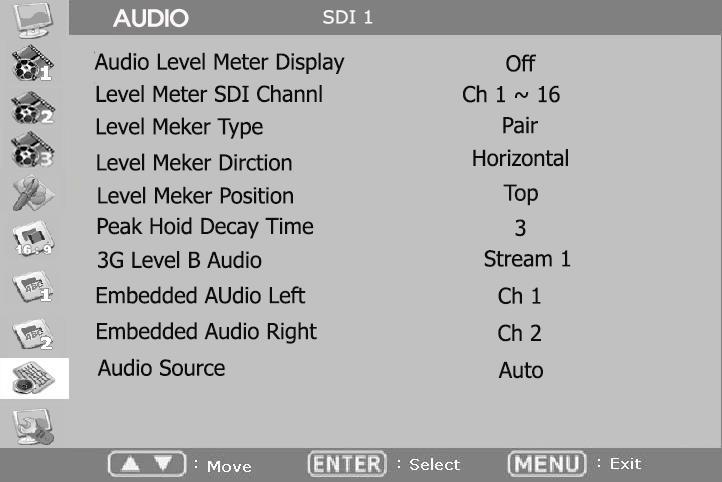 4-9. AUDIO Audio Level Meter: SDI / HDMI 입력의 Embedded Audio 신호를화면상에 Level Bar 형식으로 표시유무를 On/Off 로설정합니다.