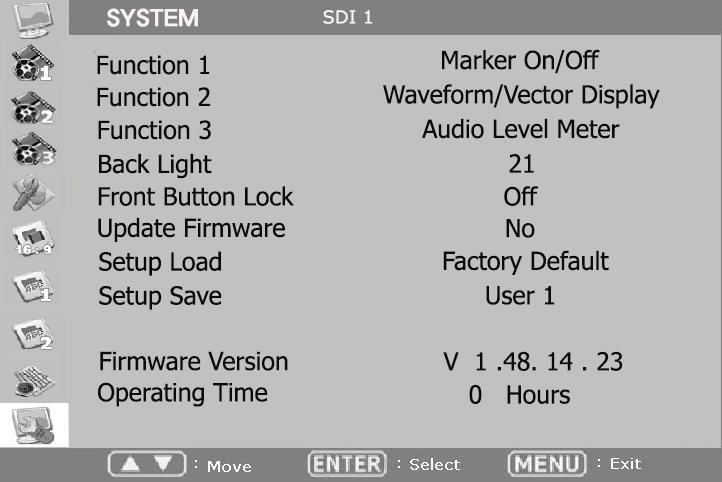 4-10. SYSTEM Function 1, 2, 3: 전면 F1, F2, F3 버튼에기능을지정합니다. 상세한것은 2-3 항의표를참조바랍니다. Back Light: 패널의 Back Light 를조정합니다. 0 (min) ~ 40 (max) 까지조정할수있으며수치가클수록밝습니다. Front Button Lock: 전면버튼의동작을 On/Off 합니다.