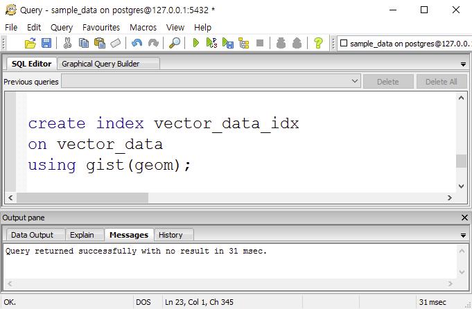 5. 기능소개 5.3 공간인덱스사용하기 (2/2) psql을실행하여인덱스를생성할테이블이있는데이터베이스에접속한다.