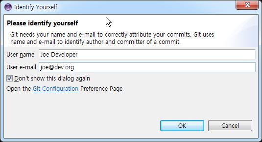 2. 설치및실행 2.6 사용자정보입력 (1/2) Git 은 commit 을생성한사용자추적을위해사용자식별정보가필요하다. 사용자정보는이름과 E-mail 로구성되어 Git 환경설정파일 (.gitconfig) 에저장된다.