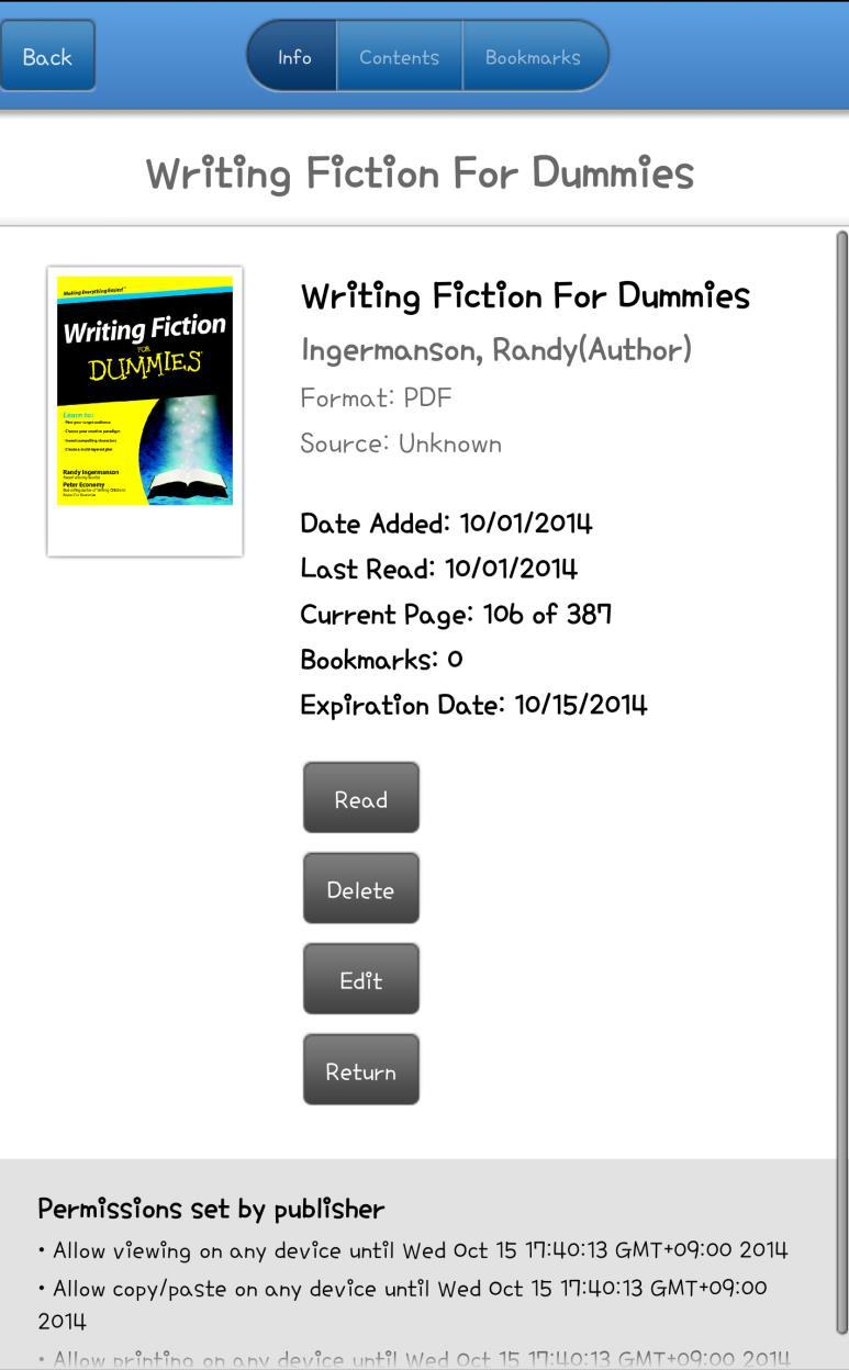 Bluefire 앱에서책이용 도서정보 (Info) 페이지에서 1. Read: 책읽기 2. Delete: Library 에서삭제 3.