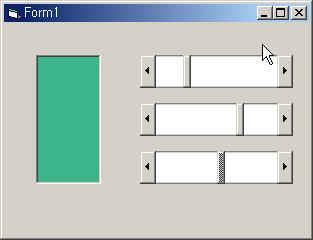 실습 2-20 스크롤바를이용한 PictureBox 에 RGB Color 를변화하는프로그램을작성 컨트롤이름컨트롤종류사용된속성 Form1 Form ( 이름 ) = From1 Caption = Picture1 PictureBox ( 이름 ) = Picture1 HScroll1