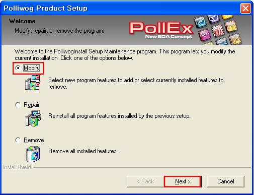 2.2. Additional Installation/Uninstall 2.2.1. 부가설치과정 A. PolliwogInstall.exe 을실행합니다. Polliwog Product Setup 창이나타납니다.