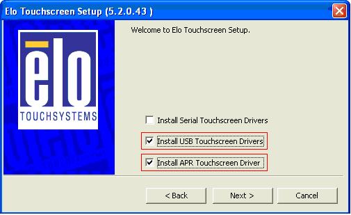 프롬프트되면 USB Touchscreen Drivers( 터치스크린드라이버 ) 와 APR Touchscreen