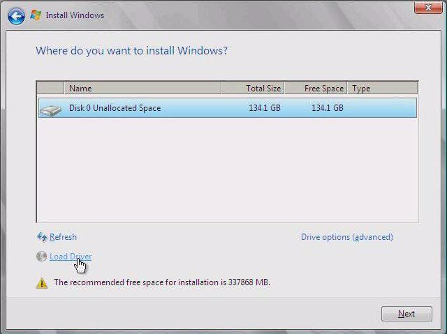 그림 6-5 Where Do You Want to Install Windows(Windows 를설치할위치선택 ) 화면 11. ( 선택사항 ) 타사 SCSI 또는 RAID 드라이버를설치하려면다음중하나를수행합니다. 대용량저장드라이버를설치하려면 Load Driver( 드라이버로드 ) 를클릭합니다.