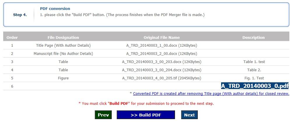 논문접수 4 단계 : PDF conversion 1. 3 단계에서입력한파일은 Build PDF 버튼을클릭하여 PDF 파일로변환합니다. 2.