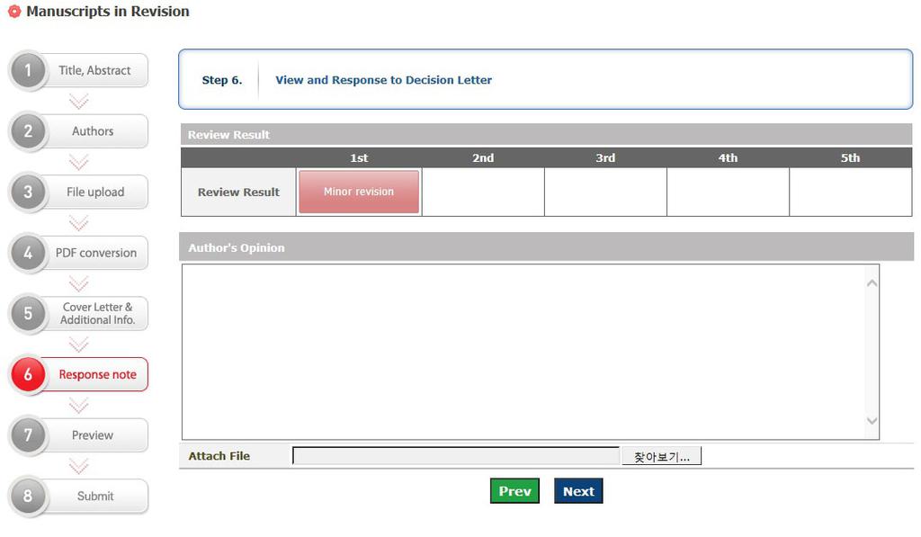 Reviews/Revisions Submissions Needing Revision Edit (revision) 6 단계 Response note: 논문수정에따른저자의견입력 1