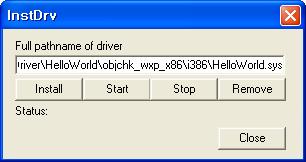 그림 19. 드라이버 Load Install -> Start -> Stop -> Remove 버튼을차례로누르면 DebugView 화면에 HelloWorld.c 파일에서 작성한 DbgPrint 함수가출력하는메시지를확인할수있습니다.