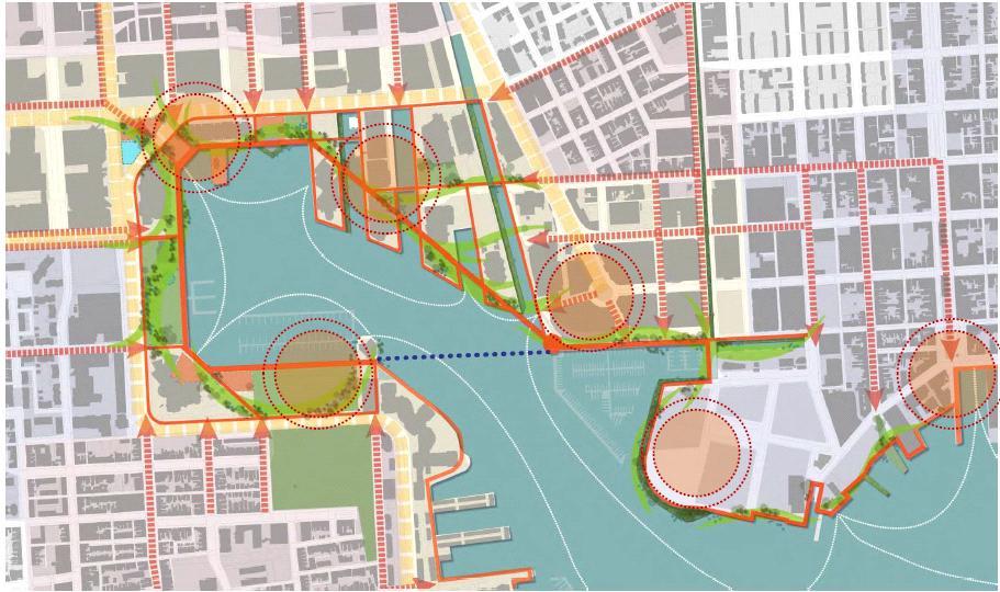 (connections), 녹색인프라 (green infrastructure), 새로운장소창출 (destinations), 이네가지요인을기본공간디자인에반영함 그림 4. 볼티모어내항조감도 ( 좌 ) 와기본공간계획 ( 우 ) 자료 : Waterfront partnership of Baltimore, Baltimore inner harbor 2.