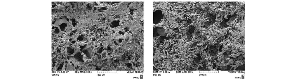 Fig. 2(b)~(e)는 제올라이트 양과 PVA 양을 달리하여 합성한 경우에 PVA-Zeolite 비드의 절 단면을 300배 배율로 SEM 촬영한 것이다. Fig.