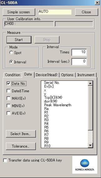 측정화면 1-3. CL-200/CL-200A 본체의설정내용은변경되지않습니다. Data No. 기타 다. 체크되어있는항목의데이터가 Excel 상으로입력됩니 Select Item 버튼 버튼을누르면입력데이터선택화면이표시됩니다. 여기서 선택한항목이리스트에표시됩니다.