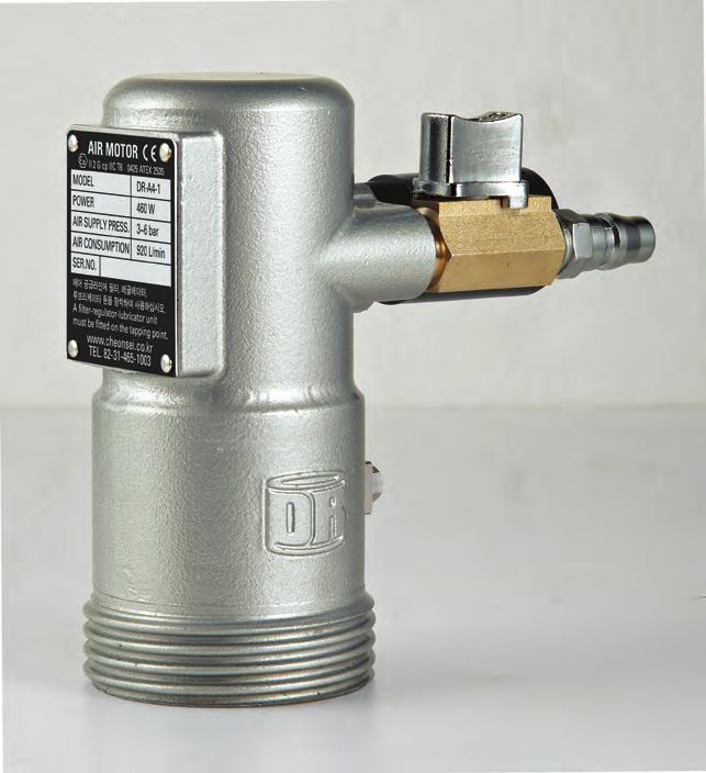 Air Motor 천세드럼펌프 드럼펌프에어모터 구조가간단하다 방폭지역 (Ex Ⅱ G) 에서사용가능함 전기모터에비하여가볍다 공급압력으로속도조절이편리하다 흡입구구경 :