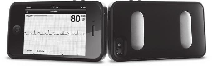 의리뷰를거쳐부정맥, 심방세동등심장이상감지시 <AliveCor사 Heart Monitor> 의료진에바로전달되는시스템임 [ 그림 11] 사물인터넷기반심전도측정기 - 얼라이브코어의 심전도측정기는 IBGStar와같이스마트폰에장착하는악세사리 ( 스마트폰케이스 ) 형태로, 스마트폰케이스의두개의전극을양손으로잡거나또는가슴에갖다대면실시간으로심전도를측정해줌 -