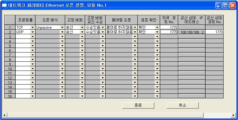 MITSUBISHI MELSEC Ethernet 오픈설정아래의화면은 TCP 방식과 UDP 방식의설정예입니다.