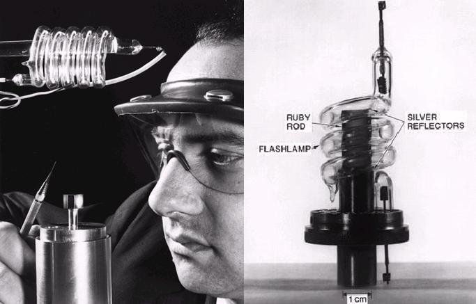Fig. 7. Dr. T. H. Maiman (left) who invented the first optical laser and his invention, i.e. the ruby laser (right) operating at 694 nm. c Hughes Aircraft Co., July 1960 [8] Fig. 9.