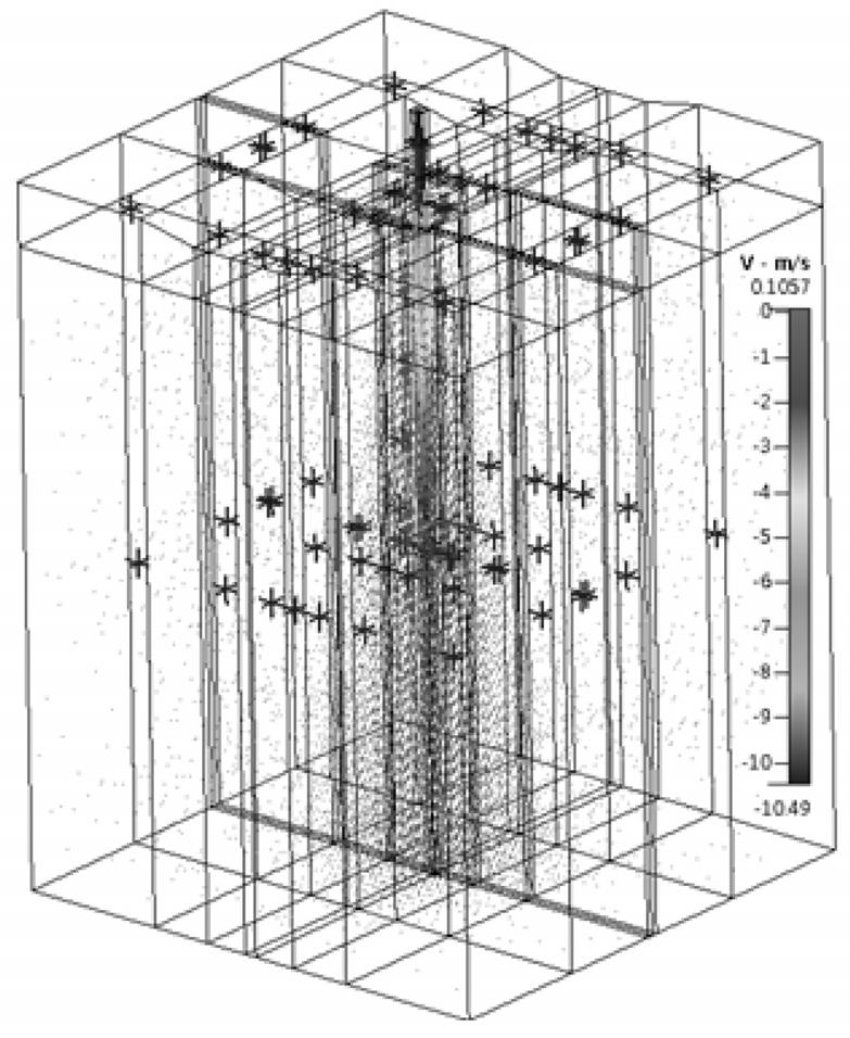 이동훈 최동수 김상민 박진철 (a) A side view Fig. 3. Numerical simulation of wind-induced flow around air nozzle. 기력선수의분포가비교적균등함을알수있다. 즉, 전기력선의밀도인전계강도가평등함을알수있다. 이는방전전극의선단에서의코로나방전이평등전계에가까워져서이온의생성이안정함을보여준다. Fig. 3 은공기노즐의유체흐름의해석을한것으로유체속도를가시화한것이다.