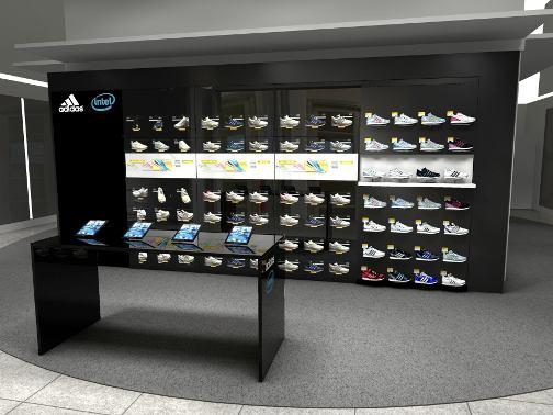 Virtual Footwear Wall 터치스크린방식의 3D 가상시물레이터 주요내용 - 인텔과신발제조사아디다스가만든 3D 가상시물레이터.
