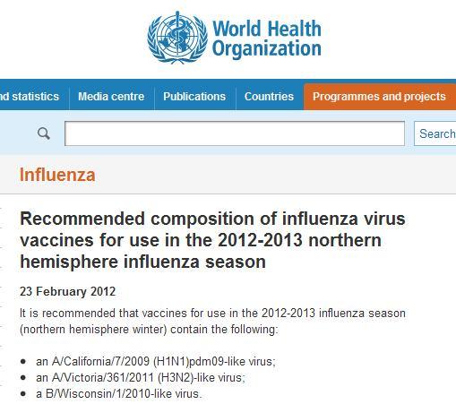 2) 1968년이후최근까지 influenza A(H3N2), A(H1N1), B형 <2012년 WHO에서선정한인플루엔자백신주 > 바이러스가유행하고있어, 계절인플루엔자백신은 1회접종에인플루엔자 A(H3N2), A(H1N1) 과인플루엔자 B의세가지항원이포함됨 3) 백신의종류와투여경로 1 불활성화백신 : 근육주사 2 약독화생백신 : 건강한, 임신하지않은, 생후