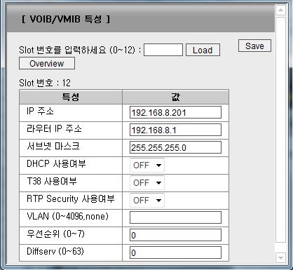 국선개통 4 내부게이트웨이데이터 VOIB/VMIB 게이트웨이특성 (305) 에서 VOIB 의 Slot 을입력하고 IP 주소, 라우터 IP