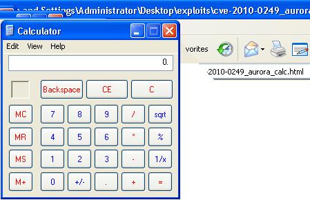 Windows XP SP3 + IE 6 (CVE-2010-0249, aka. aurora) cve-2010-0249_aurora_calc.