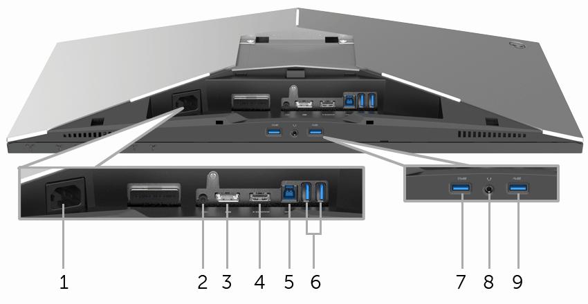 후면및밑면 후면및밑면모습 ( 모니터스탠드없음 ) 라벨 설명 사용 1 전원케이블커넥터 전원케이블 ( 모니터에포함됨 ) 을연결합니다. 2 라인출력포트 스피커를연결합니다. 참고 : 이포트는헤드폰을지원하지않습니다. 3 DisplayPort DP 케이블 ( 모니터에포함됨 ) 로컴퓨터를연결합니다. 4 HDMI 포트 컴퓨터에 HDMI 케이블을연결합니다.