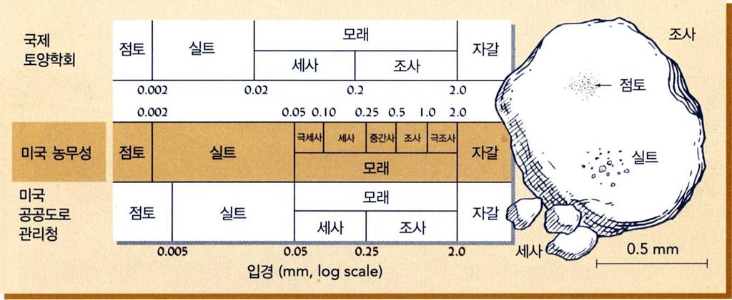 3. 토성 ( 土性 Soil Texture) 1) 토양분리물의크기 (Soil Separate Sizes) 기준 2 : 비교자료 조사 ( 粗砂 Coarse Sand), 세사 ( 細砂 Fine Sand)