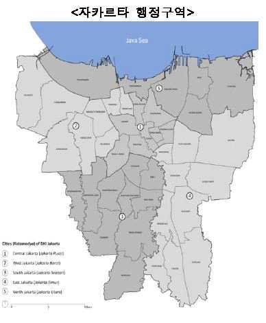 자카르타의행정구역 자카르타는인도네시아의수도이자최대도시이다. 행정구역상으로는주 ( 州 ) 에해당되며아체및족자카르타주와함께특별자치주 (Daerah Khusus Ibukota : Special Capital District) 이다. 이러한이유로자카르타에는시장이아니라주지사가통치하고있다. 자카르타행정구역상으로는다섯개의시와 1개군으로구성되어있다.