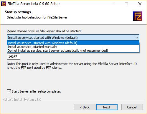 - 16-4. 설치및실행 4.2 Server(Windows) 설치 (3/8) FileZilla Server 의세팅으로 default 를선택한다.