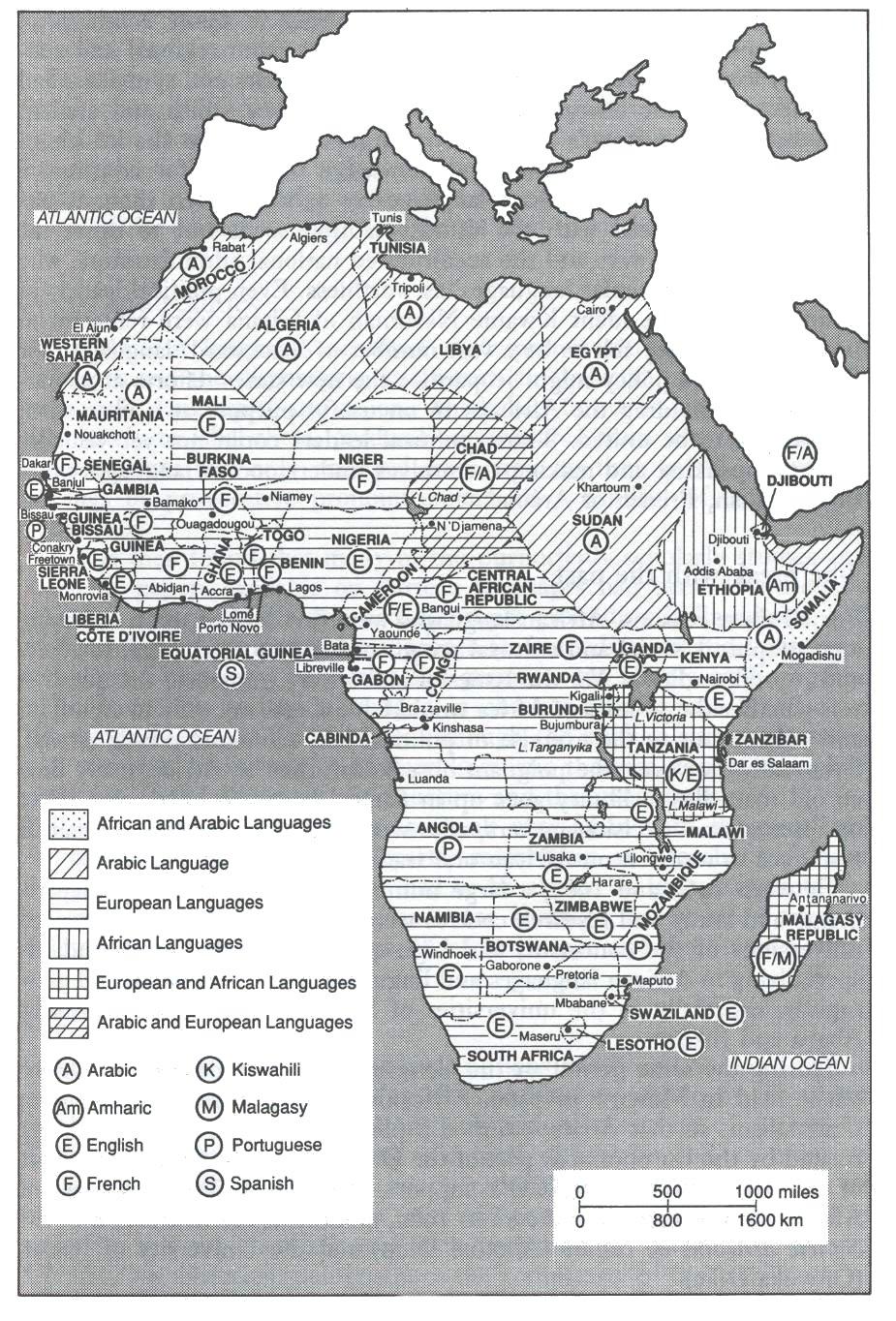 지도 3 아프리카 공식어의 분포(Mazuri 1999:529) 유럽어와 화자