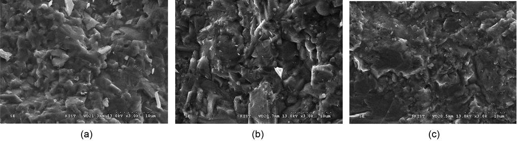 464 윤성일 조경선 염미래 임대순 박상환 Fig. 10. SEM microstructures of the fractured surfaces of fabricated Si-SiC composites using SiC-C powders synthesized at 1800oC for 3 h: (a) C/Si = 2.0, (b) C/Si = 2.