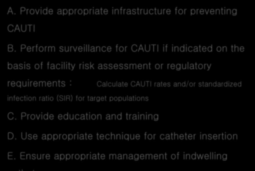 Basic practices for preventing CAUTI: recommended for all acute care hospitals A. Provide appropriate infrastructure for preventing CAUTI B.