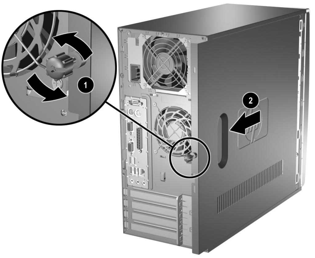 하드웨어업그레이드 Ä 주의 : 컴퓨터가꺼져있는지, 전원코드가콘센트에서뽑혀있는지확인한다음컴퓨터액세스패널을분리합니다. 컴퓨터를 4. 컴퓨터섀시에액세스패널을고정시키는손잡이나사를풉니다 1. 5. 액세스패널을 2.