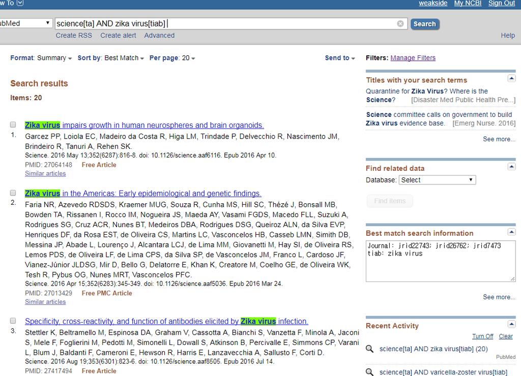 Science[ta] AND zika virus[tiab] 검색결과 Science 학술지에개제된