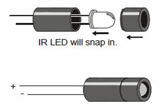 IR LED를 LED 지지대 ( 두개중더큰것 ) 에아래보이는것처럼끼운다. IR LED 는 LED 지지대에딸깍끼운다. IR LED의투명플라스틱케이스위세짧은튜브를끼운다. 튜브의끝에링은 LED 지지대에꼭끼게맞춘다. 사용하는동안조립된부품들이분리되지않게투명테이프의작은조각을이용하라. IR 물체감지회로 IR 목표물감지회로다음그림은 IR 물체감지회로도를보여준다.
