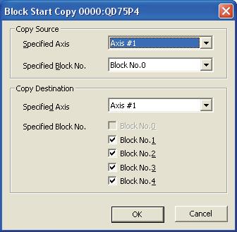 GX Works 2 3 장각인텔리전트기능모듈의조작 블록기동복사 블록기동데이터의설정화면에서임의의블록기동데이터를다른축이나블록에유용합니다. 조작순서 [EDit] [Block Start Copy] 를선택합니다.