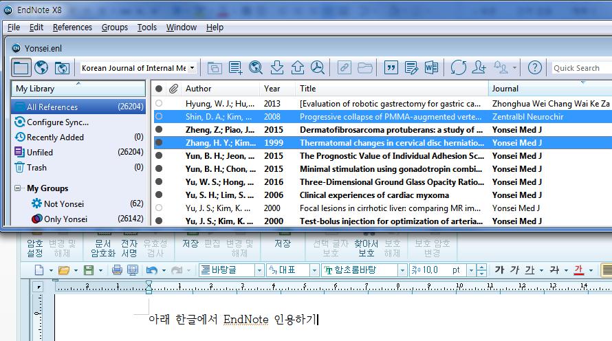 B. 아래한글에서인용 공식적으로 EndNote 프로그램은아래한글을지원하지않는다. 하지만 Rich Text Format(RTF) 을 이용하여아래한글에서도 EndNote 인용을사용할수있다.