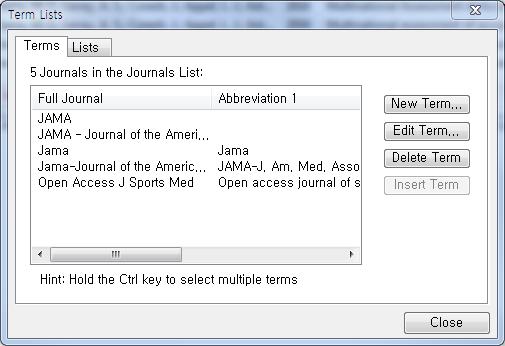 해결방법 1) EndNote Library 를열고 Tools -> Open Term Lists Journals Term List