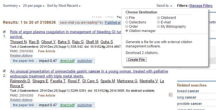 [ 국외학술데이터베이스 ] 4. PubMed A. Citation manager PubMed의 Reference는다양한방법으로 EndNote Library에수집할수있다. 이중 PubMed에서직접 EndNote Library로 Reference를보내는방법은, PubMed의다양한기능을활용하여연구자에게최적화된논문을제공한다.