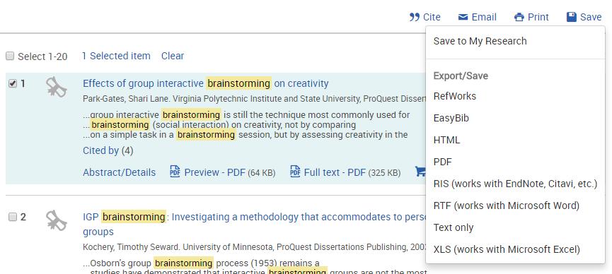 15. ProQuest ProQuest 플랫폼을통해다양한 DB 를검색할수있다. A. ProQuest 플랫폼에서 Reference 반입 1) 반입받을 EndNote Library 를연다. 2) 반입받을논문을선택하고 Save 메뉴를클릭한다.