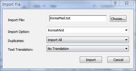 7) 검색된 KoreaMed 필터를선택하고, Import 버튼을클릭하여반입한다.