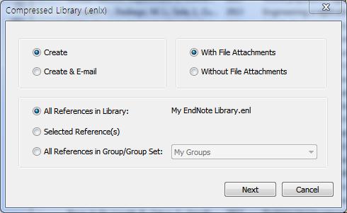 4. Compressed Library (EndNote Library 백업 ) 방법 1) Library 를열고메뉴 File Compressed Library(.enlx) 를실행한다.