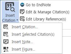 F. Word 의 EndNote 메뉴 ( 도구모음 ) EndNote 프로그램을설치하면 Microsoft Word 에 EndNote 메뉴 ( 도구모음 ) 가추가된다.