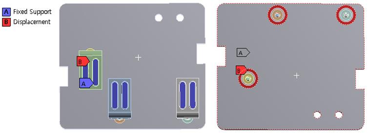 Hole pad와핀은순동으로구성되고, PCB판은 fr-4로구성되어있다. 또한, 순동과 fr-4의물성치들은 Table 1에나타내었다. 2.2 경계조건실제적으로똑같이시뮬레이션에서구현하기위해서 Fig. 2에서와같이경계조건을주었다. Fig. 2에서보면 Case 1과 Case 2는모두같은경계조건을주여 Pin의받침을고정시키고, PCB판면에서붉은색으로표시된영역에변위를가하였다.