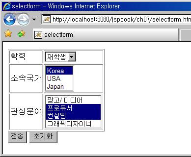 2. 폼 (Form) 을사용한사용자정보처리 <select> 로부터정보가져오기 20 <td> 21 <select name="na" size="3"> 22 <option selected>korea</option> 23 <option>usa</option> 24 <option>japan</option> 25 </select></td> 26 </tr> 27
