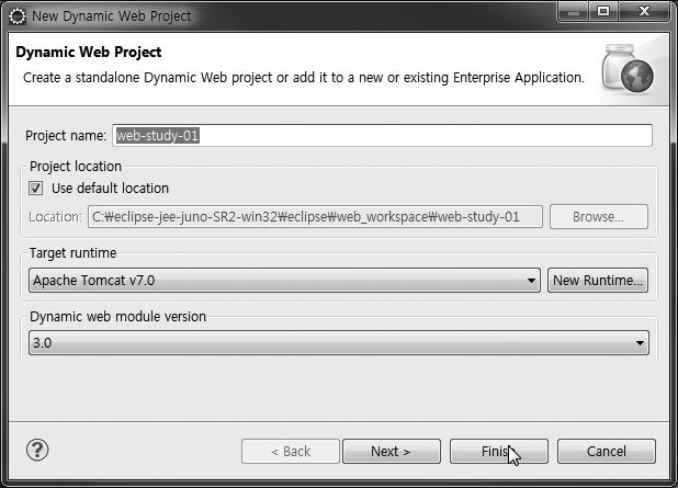 [ 직접해보세요 ] Dynamic Web Project 만들고 jsp 파일만들기 1. 웹프로젝트를만들기위해서는화면왼쪽에 [Project Explorer] 에서마우스오른쪽버튼을클릭하여나타난바로가기메뉴에서 [New Dynamic Web Project] 를선택합니다.